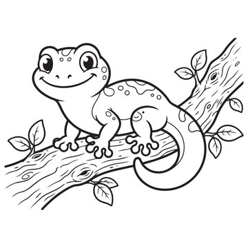 Cute cartoon gecko lizard sitting on a tree branch for coloring page vector design.