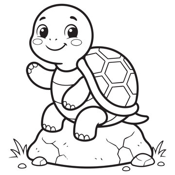 Cute cartoon turtle waving hand while sitting on a rock coloring page for kids vector design.