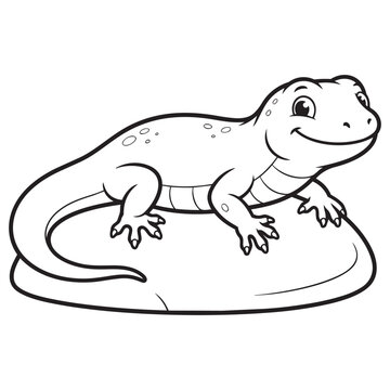 Cute cartoon lizard sitting on a rock line art drawing vector design.