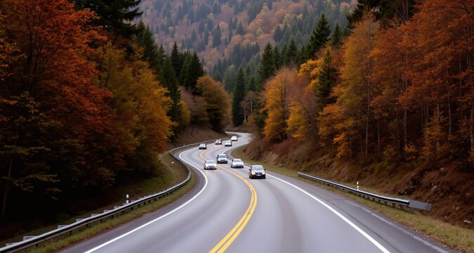 Winding mountain road trough the forest in the autumn with cars passing on the road

