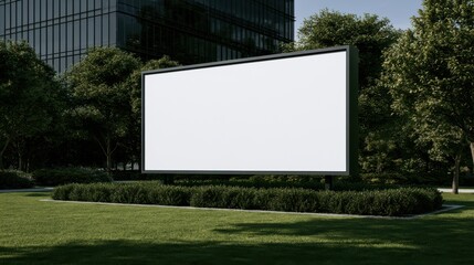 Fototapeta premium A large blank outdoor billboard mockup stands in a park near a modern office building. Perfect for advertising placement or corporate brand promotion.