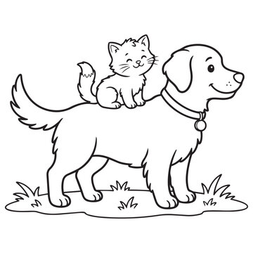 Cute puppy dog and little kitten sitting together for a fun coloring page illustration vector design.