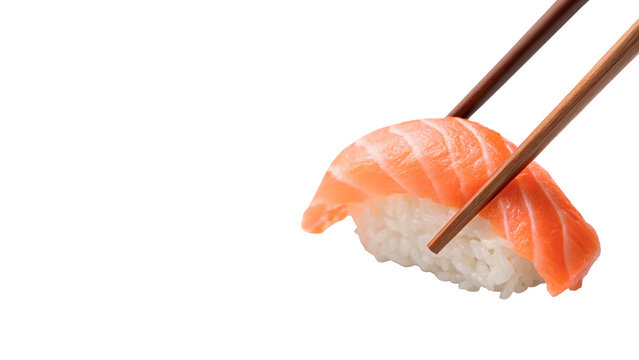 Single piece of fresh salmon sushi maki roll held by wooden chopsticks isolated on transparent background cut out