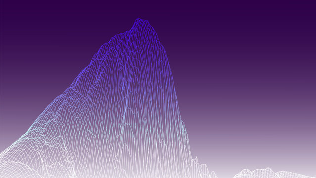 An abstract futuristic 3D mountain landscape in the style of the 1980s. The vector illustration depicts mountain forms and a digital surface for the 1980s-style background. Early computer graphics.