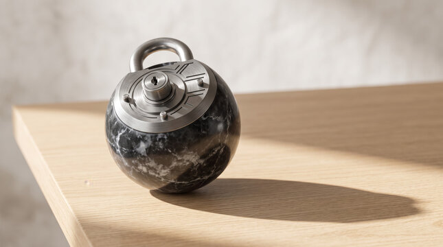 Surreal concept of a solid steel padlock integrated into a dark marble sphere on a light oak table for a cybersecurity campaign