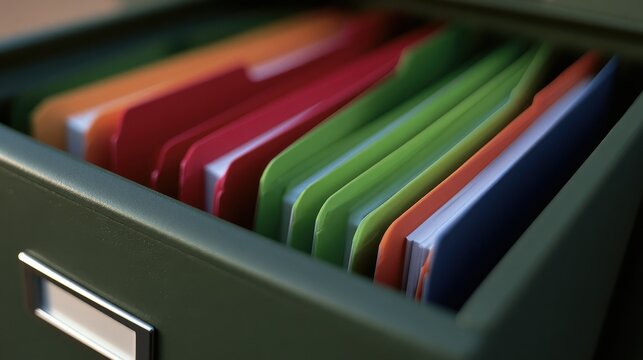 Colorful hanging file folders organized in a green metal cabinet drawer. Representing office organization, productivity, and document management systems.