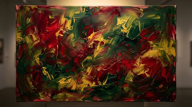 A vibrant and expressive abstract oil painting featuring thick, impasto brushstrokes in bold shades of deep crimson, forest green, and sunny yellow on canvas display.