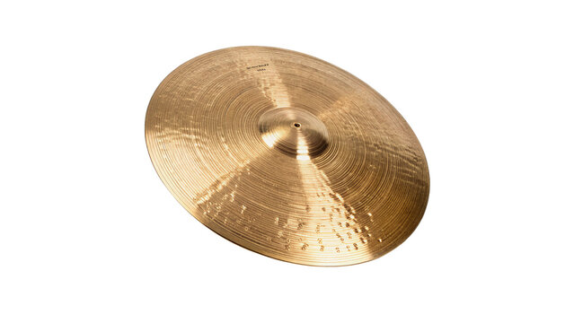 Polished golden brass drum cymbal musical instrument percussion sound accessory isolated on transparent background cut out
