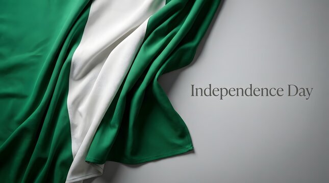 A beautifully draped Nigerian flag featuring bold green and white vertical stripes on a clean grey background with the text Independence Day elegantly displayed nearby.