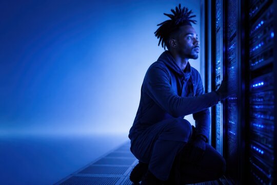 Server Room Technician Inspecting Blue Lit Data Center
