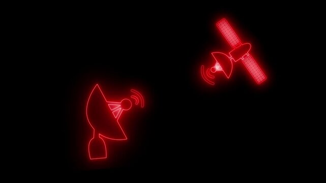 Glowing satellite and dish antenna icons on black background, showing wireless communication animation