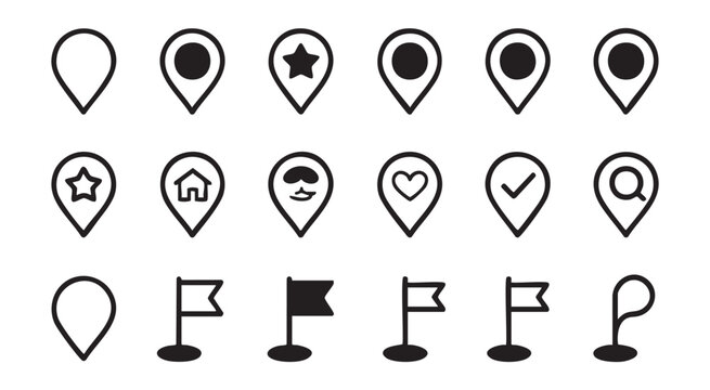 Large collection of navigation pins flags and custom location markers for creative web design.