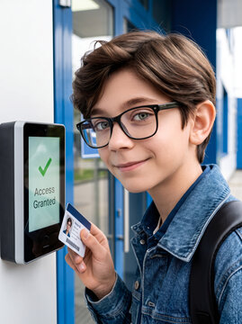 Schoolboy with glasses holding an ID card to an electronic access control reader displaying access granted