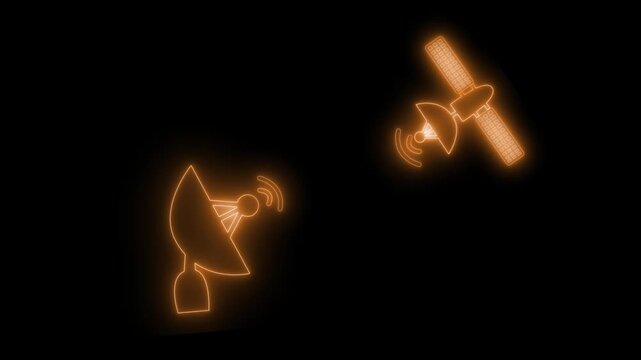 Glowing satellite and dish antenna icons on black background, showing wireless communication animation