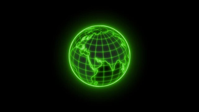 Glowing wireframe globe of the earth on a black background, showing a digital world map and global connection concept animation
