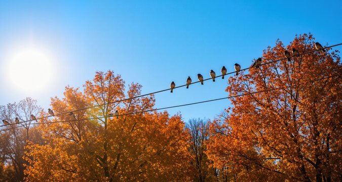Birds on telephone wire against autumn trees and sunny blue sky
