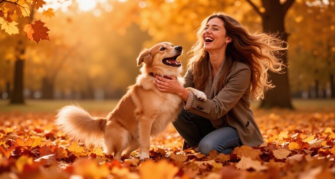 A beautiful woman has fun with her dog in autumn
