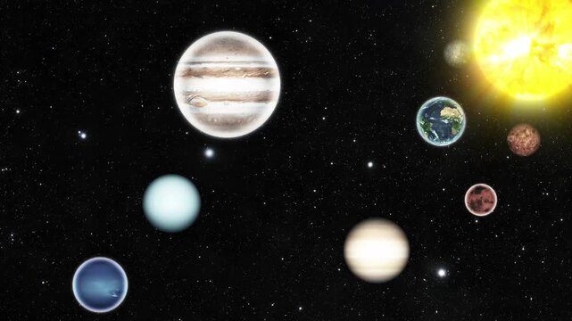 Solar system planets with bright sun on starry space background animation