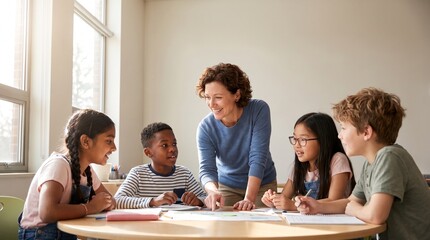 Fototapeta premium Teacher helping diverse elementary students with a lesson at a round table