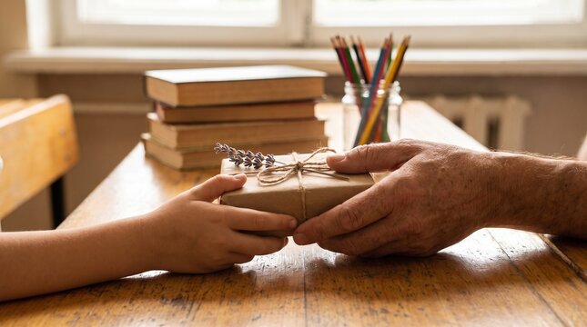 Child gives gift to adult in classroom setting with books and pencils