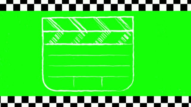 Hand drawn clapperboard sliding animation on green screen background with video sketched clapperboard screen bordered checkers sliding across chroma key line art with entertainment