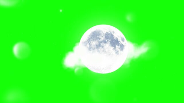 Full moon cycles floating against bright chroma key green screen background with soft glowing particles with drifting horizontally across three variations realistic with video displays three