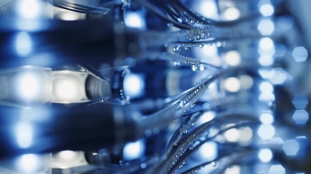 Macro close-up of wet metallic wire assembly with bright LED highlights, hexagonal bokeh, and reflective connector details in blue toned industrial style, with metal, wire, macro, closeup detail