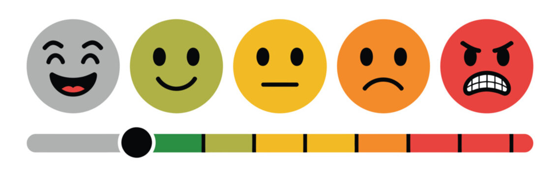 Satisfaction rating scale with emoticon faces and slider, modern feedback gauge for customer reviews, experience ratings, performance evaluation, usability testing and online survey platforms.
