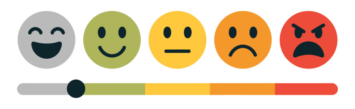 Satisfaction rating scale with emoticon faces and slider, customer feedback indicator for user experience surveys, service evaluation, review systems, mobile applications and business analytics.