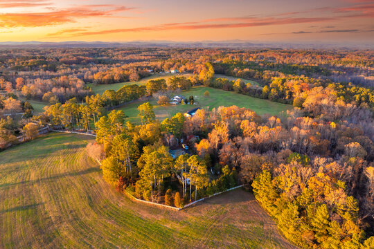 Country-style homes on Tennessee hills surrounded by yellow autumn trees, evening sunlight enhancing vibrant seasonal scenery.