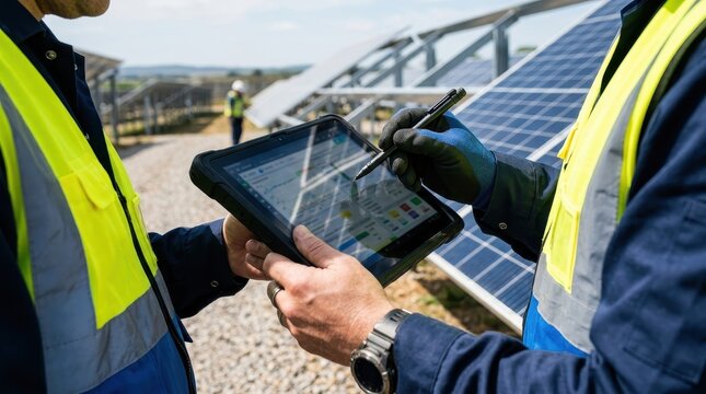Workers discuss solar panel installation while using a tablet for project management in a renewable energy site.