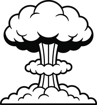Mushroom cloud explosion outline with rising smoke column and blast ring, nuclear bomb black and white vector illustration