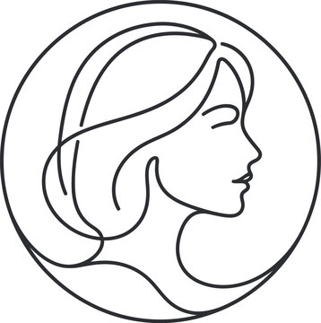 Minimalist profile of a woman with long flowing hair in a circle isolated on transparent background, isolated on white background, Vector Avatar one line art vector editable design