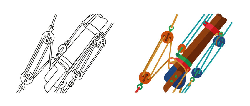 Illustration of nautical rope pulley system on ship mast