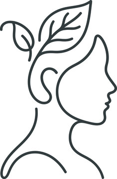 Minimalist line art illustration of a human profile growing leaves from the head isolated on transparent background, isolated on white background, Vector Avatar one line art vector editable design