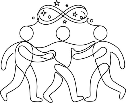 Three people holding hands forming infinity symbol with stars and dots isolated on transparent background, isolated on white background, Vector Avatar one line art vector editable design