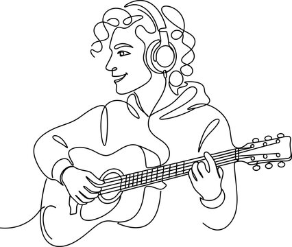 Smiling person playing acoustic guitar with headphones isolated on transparent background, isolated on white background, Vector Avatar one line art vector editable design