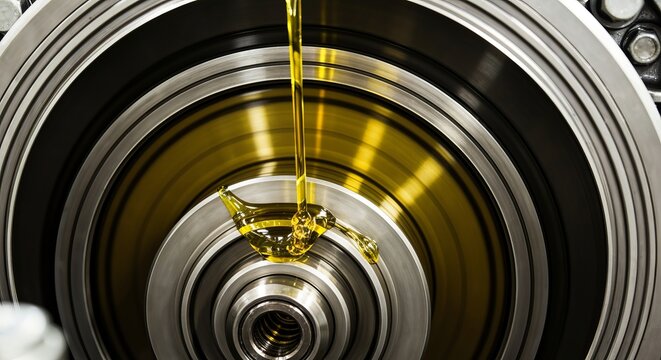 Close up view of lubricating oil applied to metallic circular machine part while working in process.