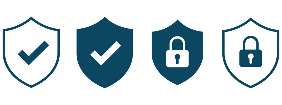 Security shield icons with check mark, padlock, safety symbols and protection logotypes for cybersecurity, secure authentication, data privacy, network defense and digital security applications.