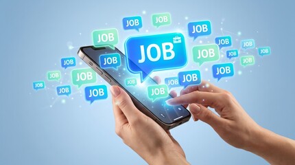 Obraz premium Online Job Search Concept Hands Holding Smartphone with Glowing Job Speech Bubble Graphics