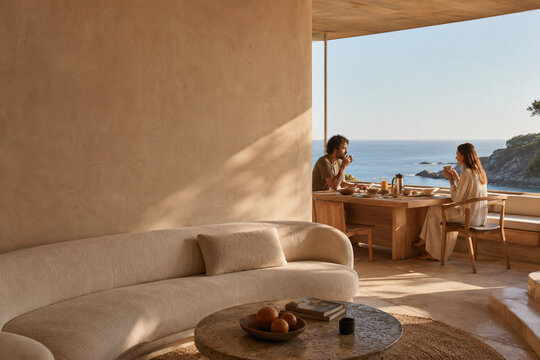 Sunlit Mediterranean Living Room Opening to a Sea View Dining Nook