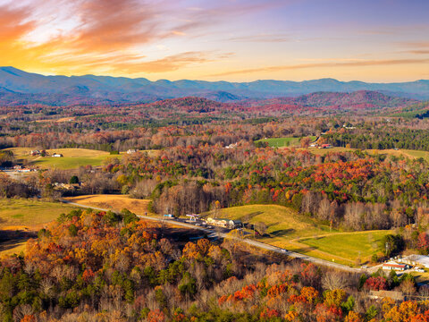South Carolina rural mountain landscape in fall season. Long Creek general store and gas station on countryside road side.