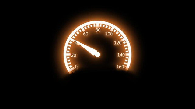 Glowing speedometer dial on a dark background with the needle near low speed animation