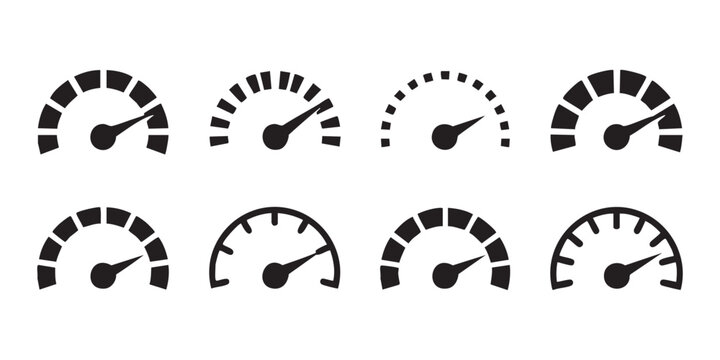 Speed indicator icon set for data transfer rate and car engine rpm measurement vector illustration.