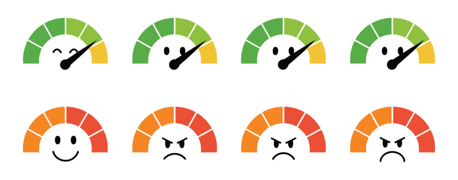 Set of satisfaction meter icons with facial expressions, modern rating gauge symbols for customer reviews, experience scoring, opinion polls, quality assessment and online feedback platforms.