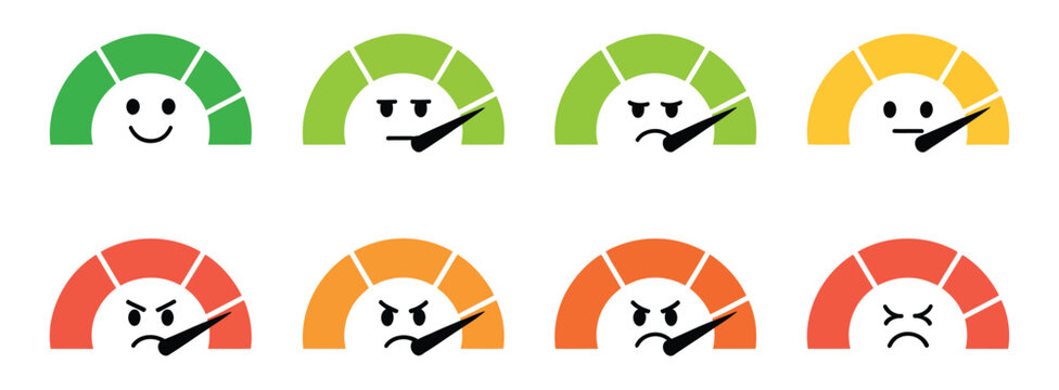 Set of satisfaction meter icons with facial expressions, customer feedback rating scale for user experience, service quality evaluation, review systems, surveys and business performance dashboards.