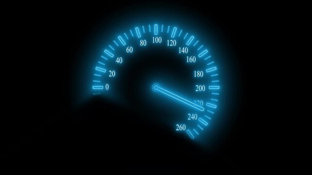 Glowing car speedometer dial with illuminated needle on a black background animation