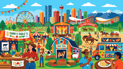 Naklejka premium Calgary Stampede Fairground Scene with City Skyline and Rocky Mountains Background