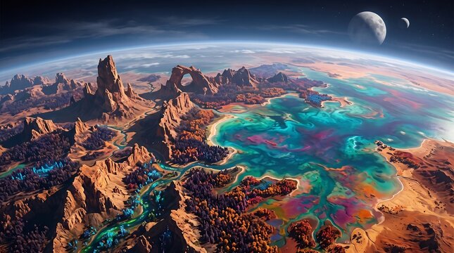 An alien planet with bizarre rock formations, colorful water bodies, and two moons in the sky. The landscape is a vibrant mix of orange, blue, and purple, suggesting a truly otherworldly environment