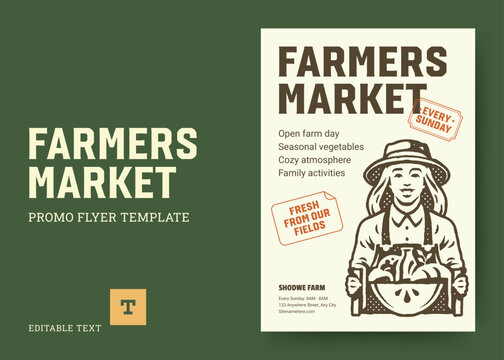 Retro farm market flyer vector template with editable text logo and woman farmer graphic helps agricultural businesses promote seasonal harvest events in rustic green linocut style